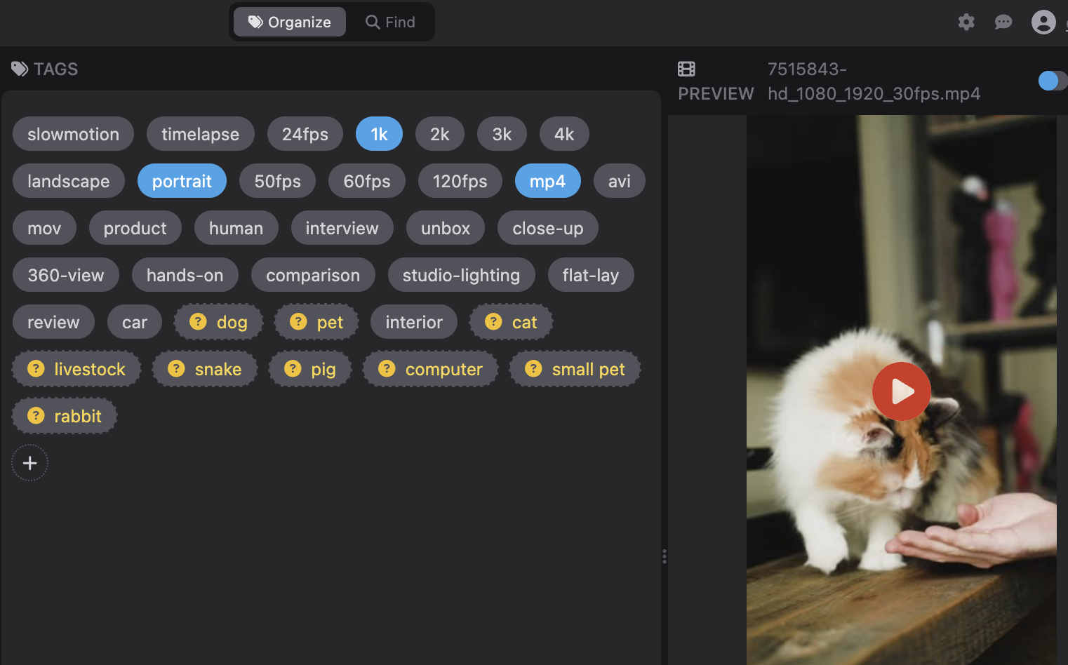 AI-detected tags highlighted in the tag panel