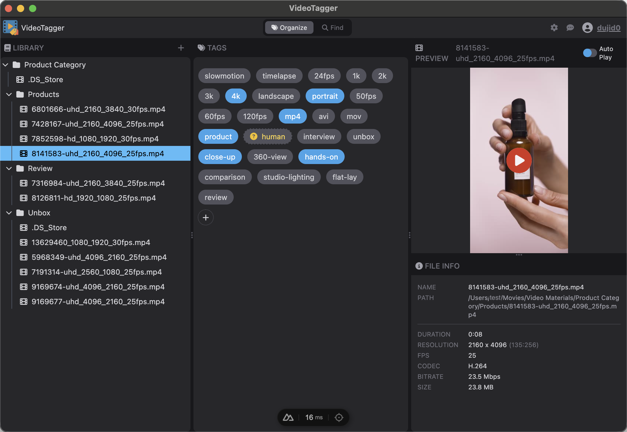 Organize mode — select files and assign tags